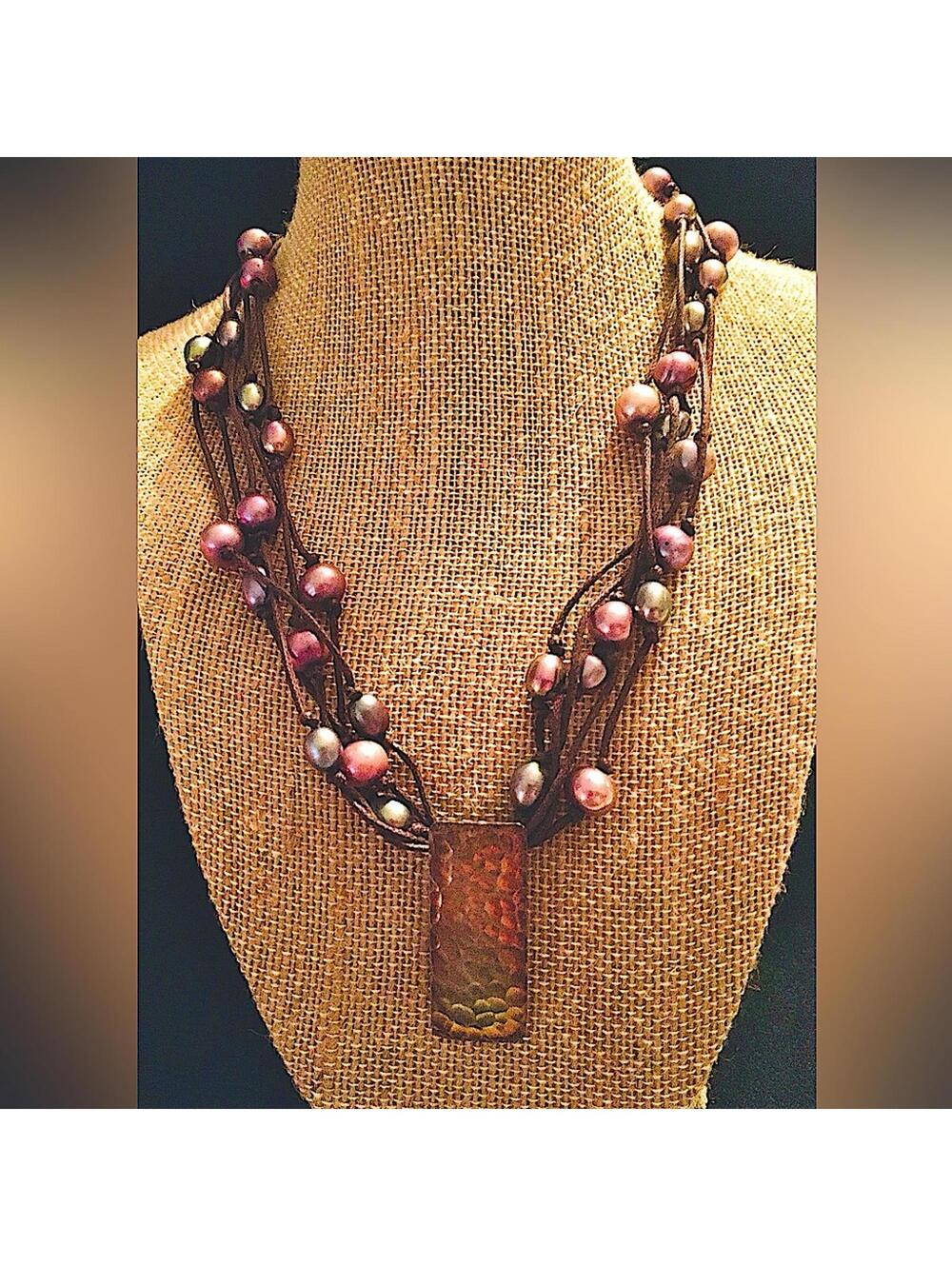 Brown Leather Necklace Multistrand Purple & blue pearls Large rectangle Pendant